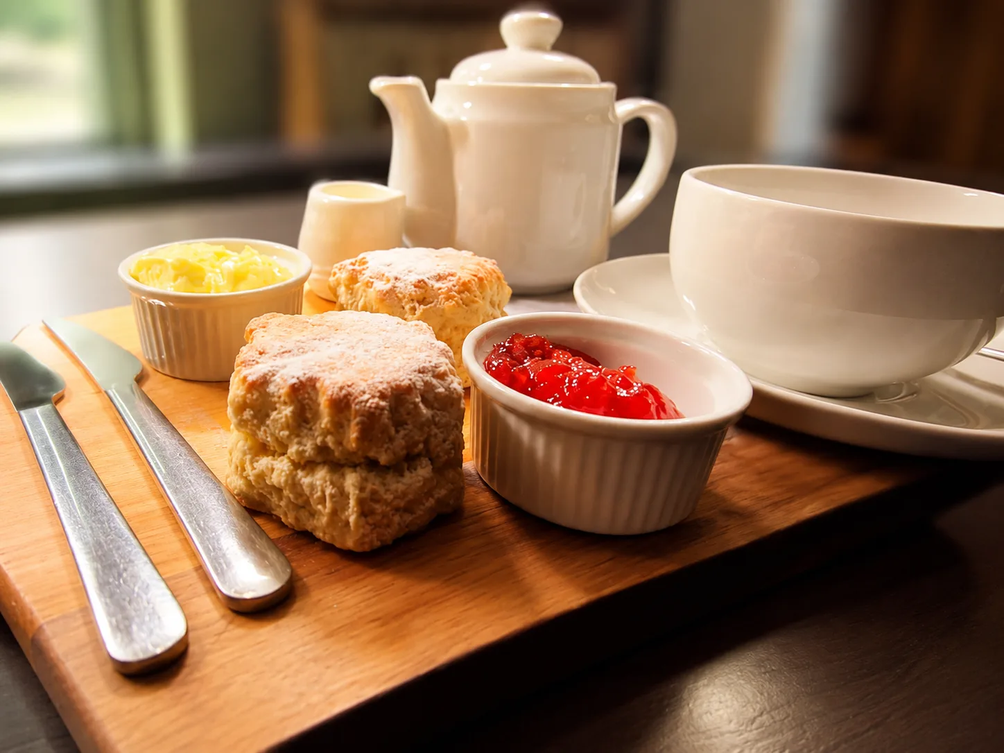 Cream tea with scones, clotted cream and jam at The Windy Ridge