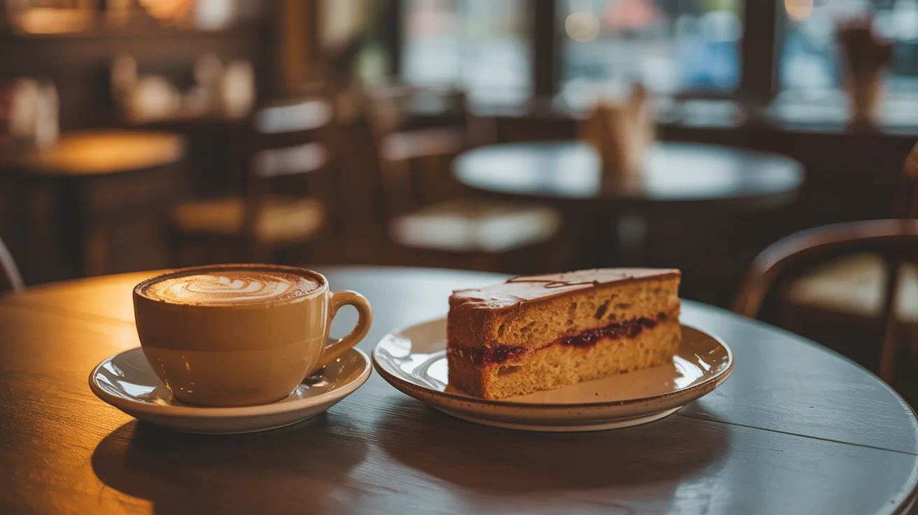 Cappuccino with latte art beside a slice of homemade Victoria sponge in warm cafe light