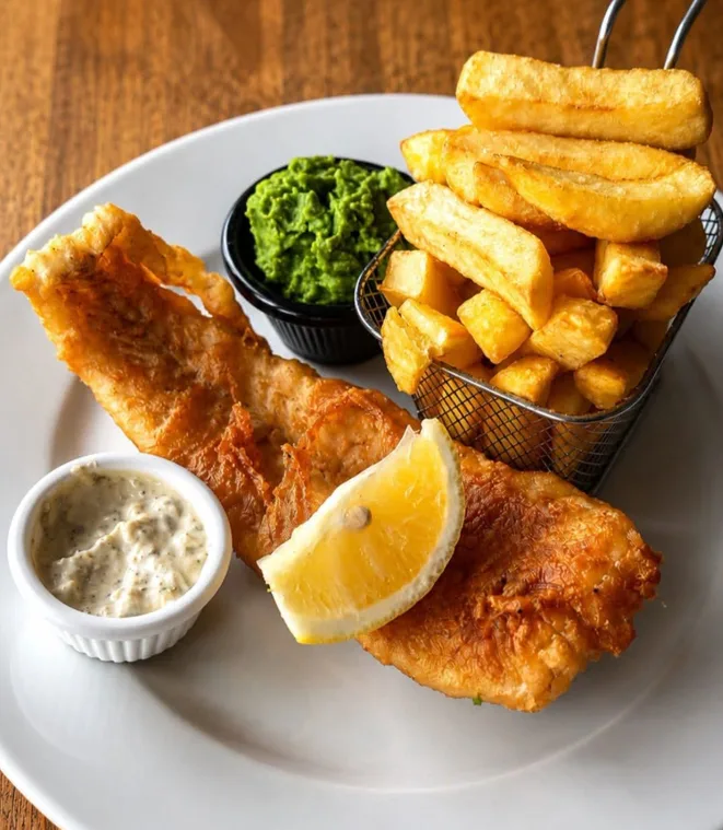 Fish Friday at The Windy Ridge — golden battered cod with chunky chips, mushy peas, tartare sauce and a lemon wedge